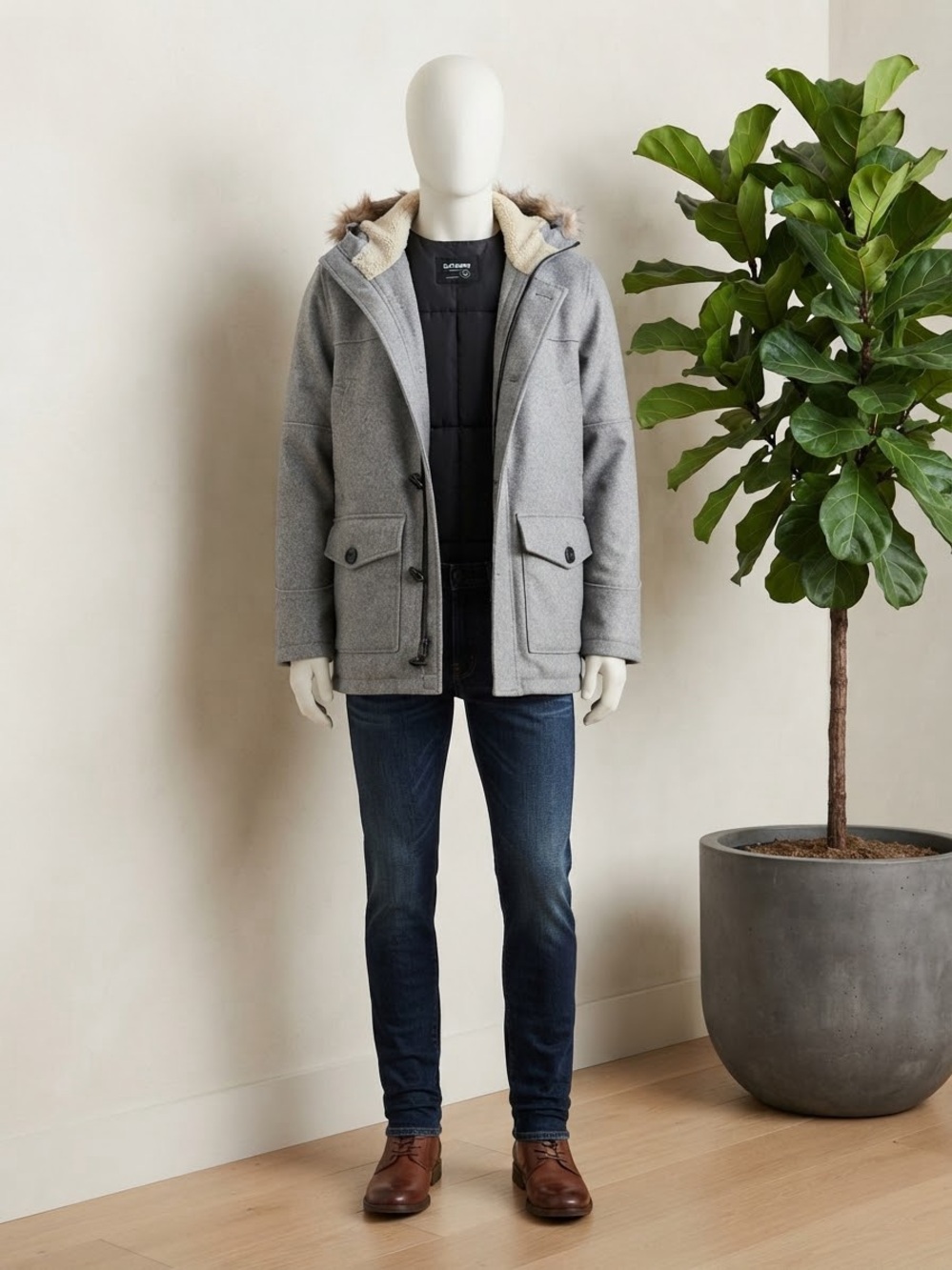 Express Wool Gray Hooded Pea Coat with Faux-Shearling Trim